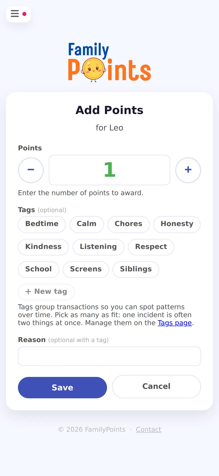 The Add Points screen for Leo: a points stepper, a row of behavior tags including Bedtime, Chores and Kindness, and a box for the reason