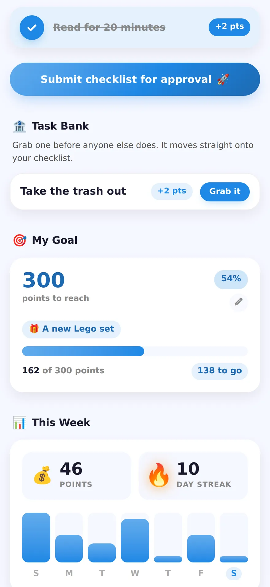 A child's screen showing the Submit checklist for approval button above a Task bank card offering Take the trash out for 2 points with a Grab it button