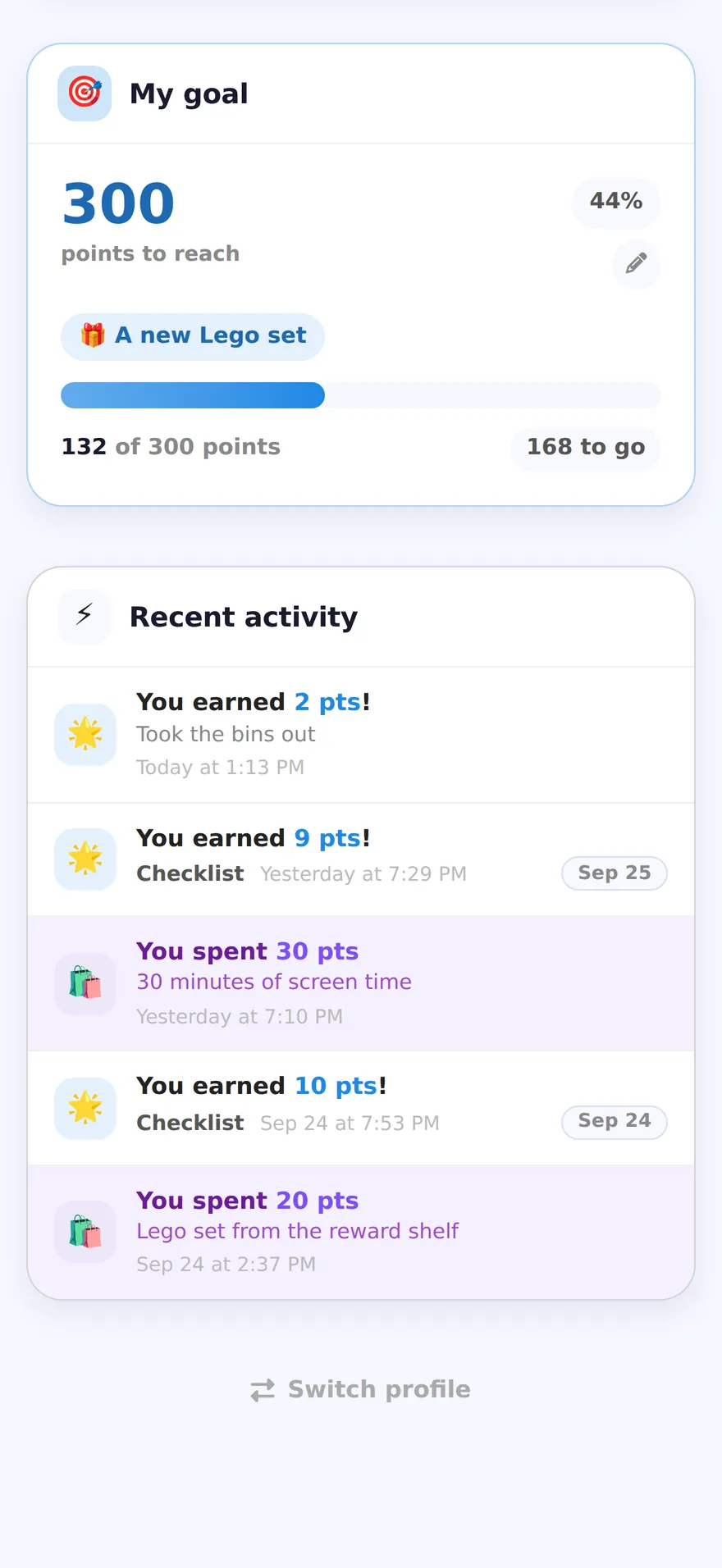 A child's goal card: 300 points to reach for A new Lego set, with a progress bar and how many points are still to go