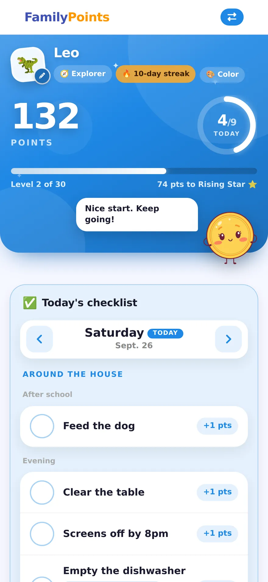 A child's dashboard showing a big point total, an Explorer level badge, a 10-day streak, a ring counting four of nine tasks done today, and a bar of progress to the next level