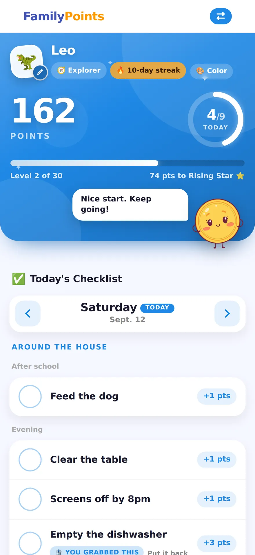 A child's dashboard showing a big point total, an Explorer level badge, a 10-day streak, a ring counting four of nine tasks done today, and a bar of progress to the next level