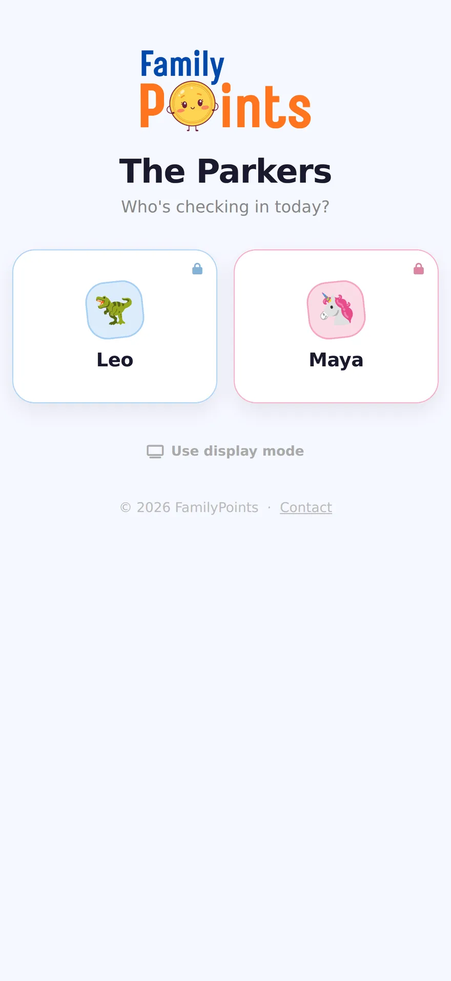The child login screen: The Parkers, who's checking in today, with a card for Leo and a card for Maya showing their avatars