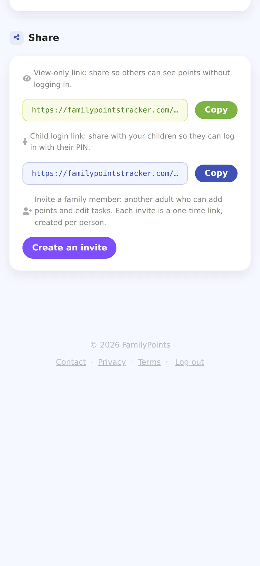 The recent activity feed and the Share panel: a view-only link and a child login link, each with a Copy button, and a Create an invite button for another family member