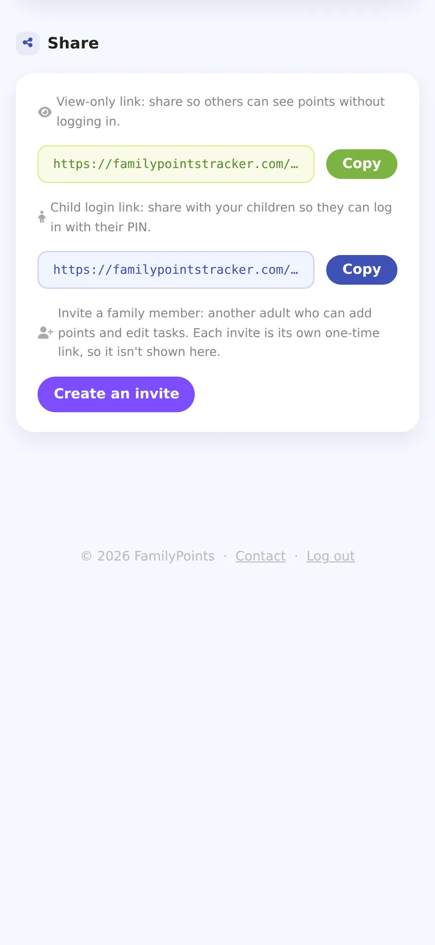 The recent activity feed and the Share panel: a view-only link and a child login link, each with a Copy button, and a Create an invite button for another family member