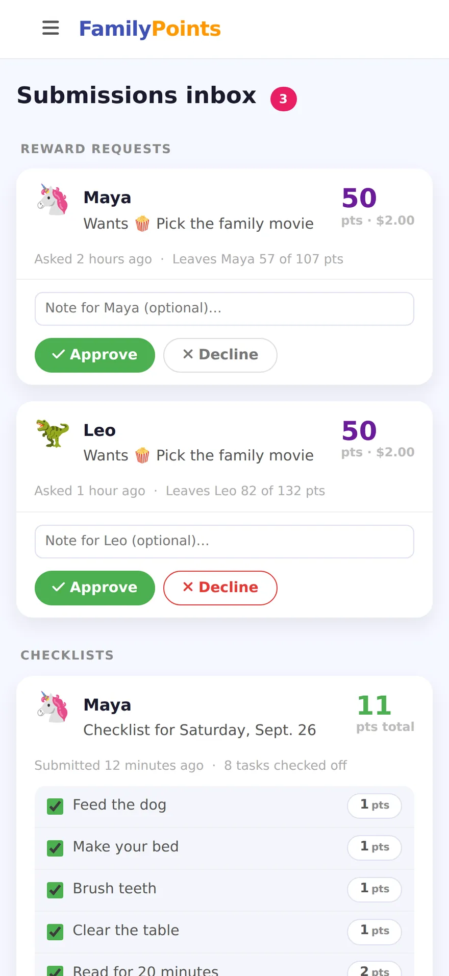 The submissions inbox: reward requests from Maya and Leo at the top, each with its price in points and dollars and Approve and Decline buttons, above Maya's checklist for the day