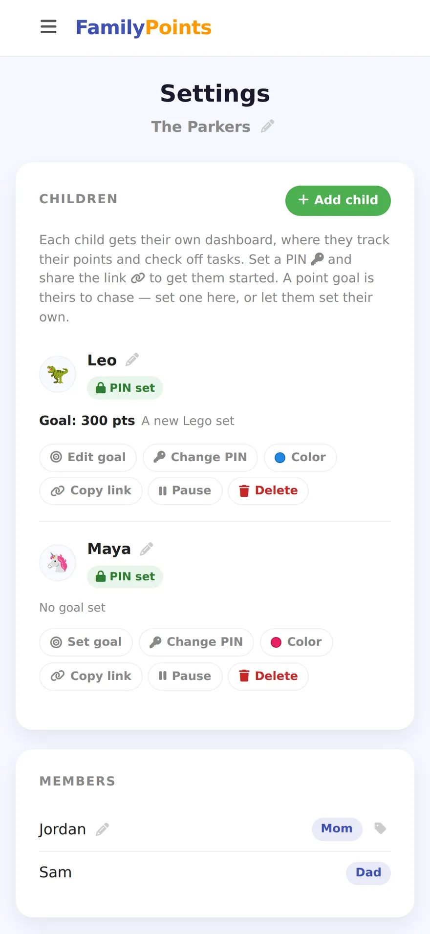 The family settings page: Mom and Dad listed as members, Leo and Maya each with a PIN set, and switches for email notifications and the light or dark theme