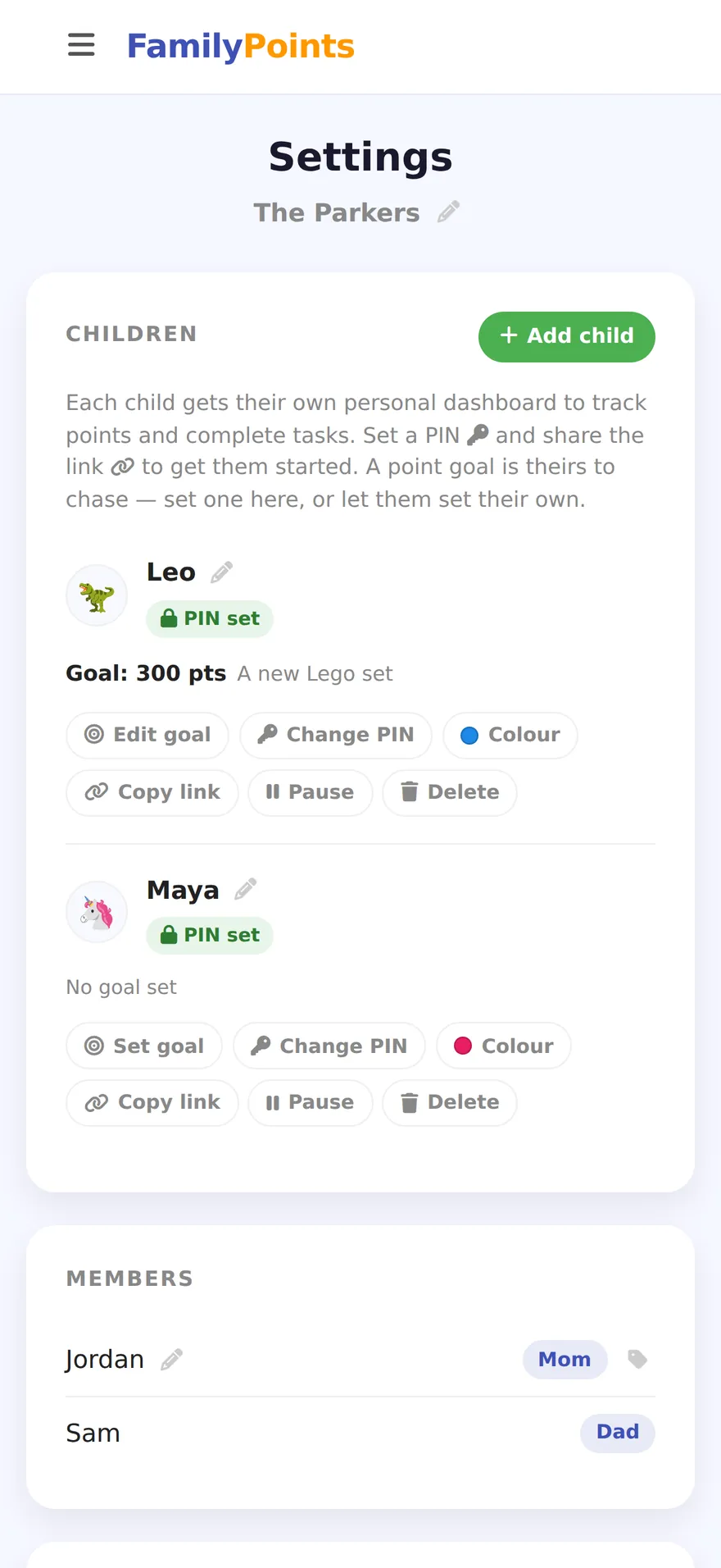 The family settings page: Mom and Dad listed as members, Leo and Maya each with a PIN set, and switches for email notifications and the light or dark theme