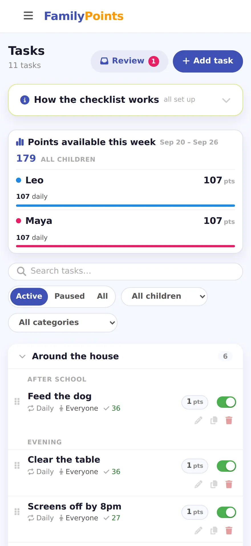 The task list, grouped into Around the house, Morning routine and School, each task with a point value and an on-off switch, above a card showing the points available this week