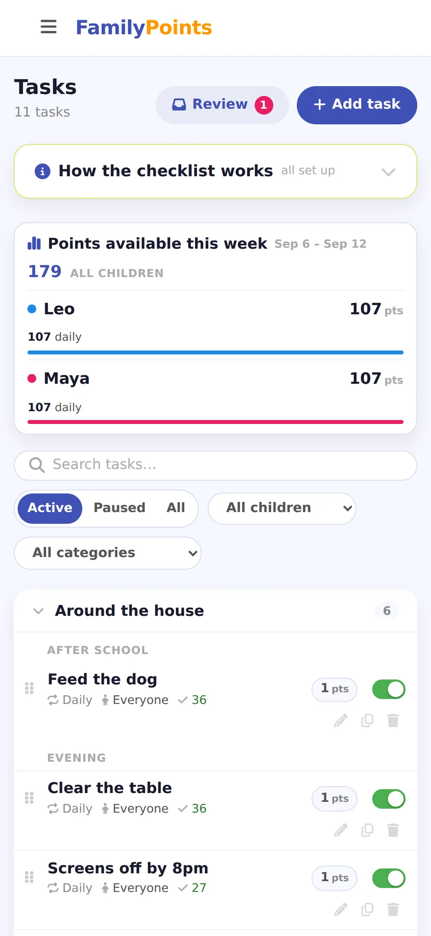 The task list, grouped into Around the house, Morning routine and School, each task with a point value and an on-off switch, above a card showing the points available this week