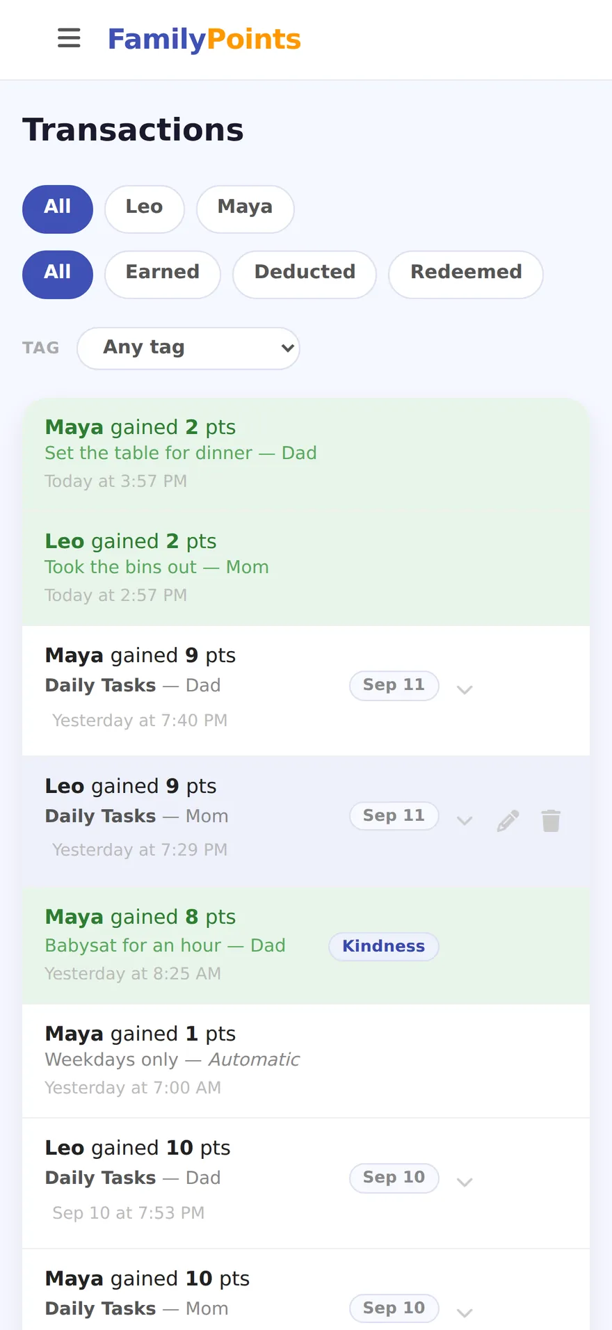 The transactions page: filter chips for each child and for earned, deducted and redeemed, above a color-coded history of every point with who gave it and why
