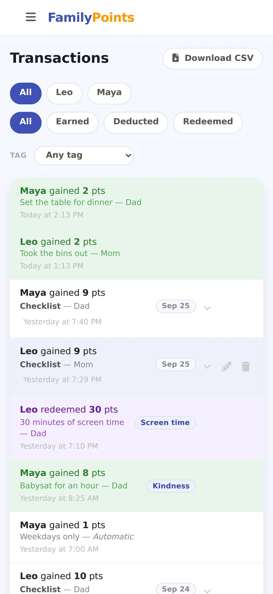 The transactions page: filter chips for each child and for earned, deducted and redeemed, above a color-coded history of every point with who gave it and why